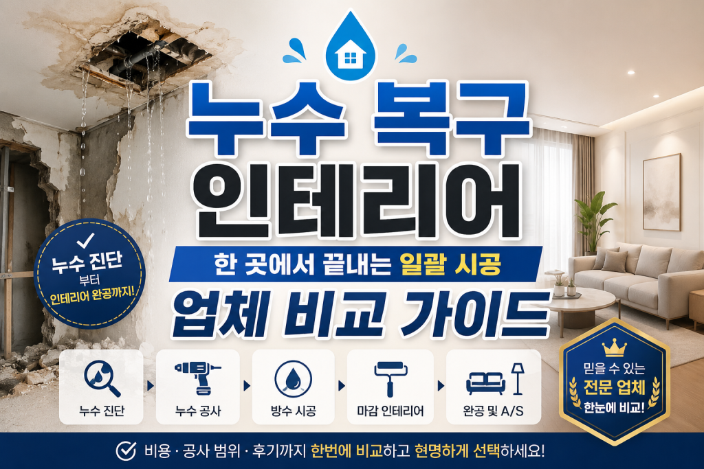누수 복구 인테리어 일괄 시공 업체 비교 가이드 — 누수 진단·탐지·보험청구·복구·A/S 6단계를 한 곳에서 처리하는 흐름 인포그래픽