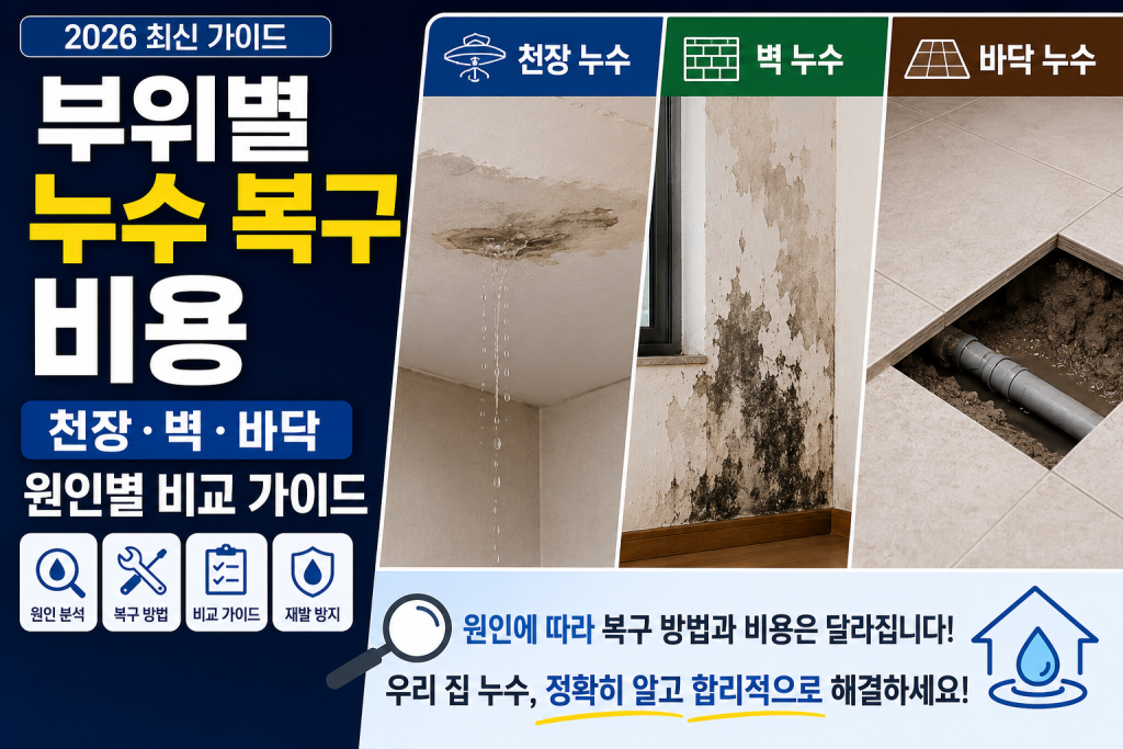 부위별 누수 복구 비용 — 천장·벽·바닥 원인별 비교 2026 인포그래픽