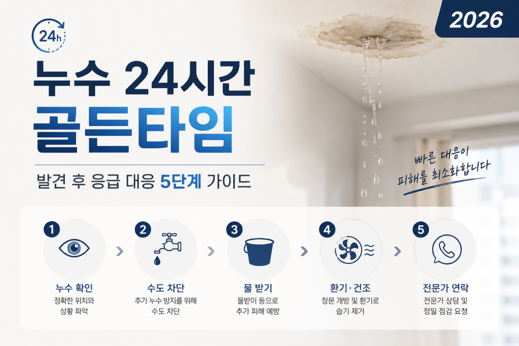 누수 24시간 골든타임 — 발견 후 응급 대응 5단계 가이드 2026 인포그래픽